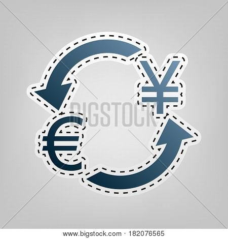 Currency exchange sign. Euro and Japan Yen. Vector. Blue icon with outline for cutting out at gray background.