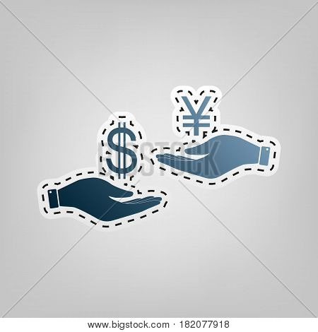 Currency exchange from hand to hand. Dollar and Yen. Vector. Blue icon with outline for cutting out at gray background.