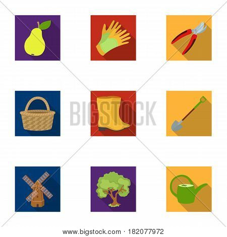 Set of pictures about gardening. Village, vegetable garden, garden, ecology.Farm and Gardening icon in set collection on flat style vector symbol stock web illustration.