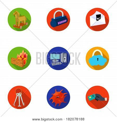 A selection of icons about protection and breaking. Modern technology of protection against breaking. Hackers and hacking icon in set collection on flat style vector symbol stock web illustration.