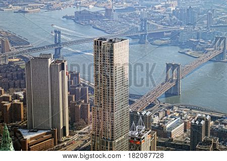Aerial view of the New York City with two bridges.