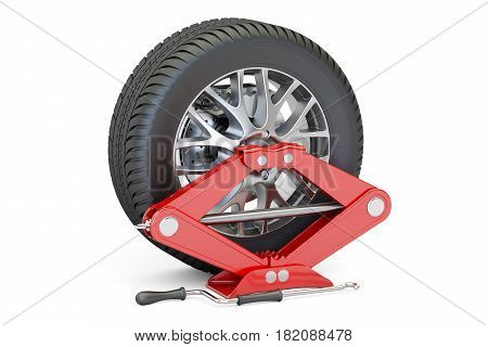 Car wheel with red screwjack 3D rendering isolated on white background