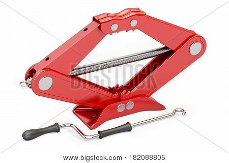 Red scissor jack car lifter. 3D rendering isolated on white background