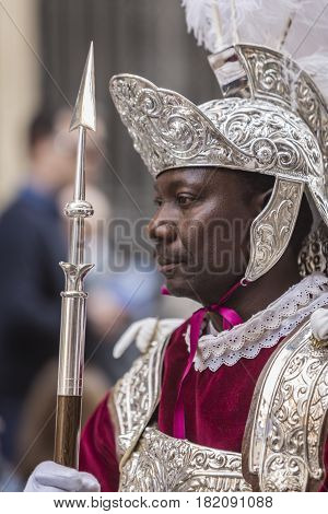 Linares, Spain - April, 14: Man of dress of Roman popular tradition during Easter, Roman soldiers, called 