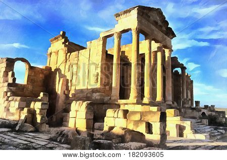 Colorful painting of Main temple Dougga Thugga Tunisia
