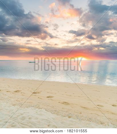 Sandy tropical beach at sunset.  Mauritius