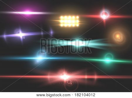 Illustration of Vector Lens Flare. Transparent Vector Lens Flare Effect Set. Bright Sunflare Explosion Template