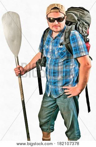 Colorful painting of tourist man with backpack and paddle