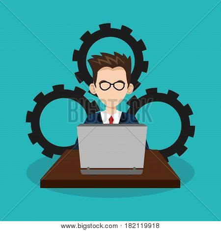man with laptop commputer over gear wheels and blue background. human resources concept. colorful design. vector illustration