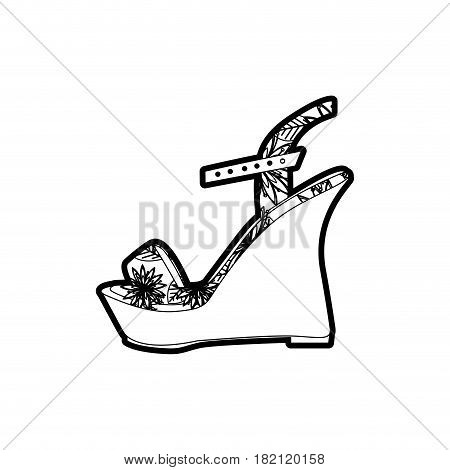 black thick contour of sandal shoe with platform sole and floral decoration vector illustration