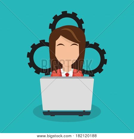 woman with laptop commputer over gear wheels and blue background. human resources concept. colorful design. vector illustration