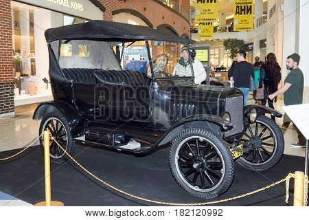 Moscow Russia - April 02 2017: Ford Model T USA 1924. Retro car exibition in shopping mall Metropolis.