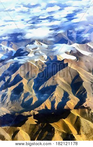Mountain scape aerial view colorful painting, Xinjiang Uyghur Autonomous Region, China