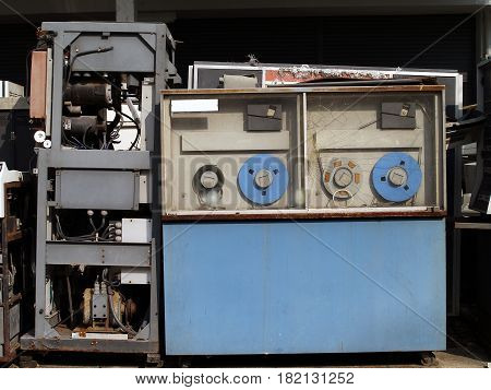 repairing damaged antique recorder machine, equipment for recording and playback of music and sound in audiovisual education