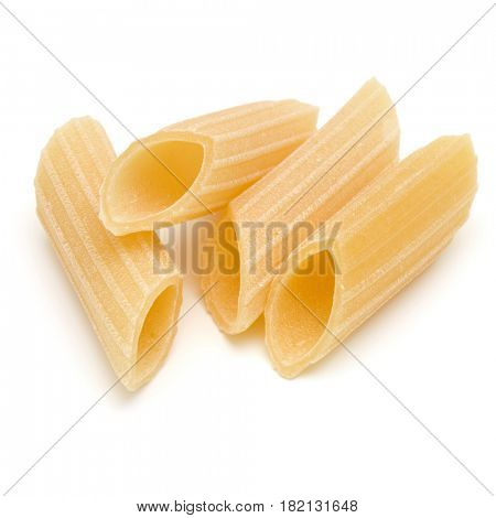 Italian pasta isolated on white background. Pennoni. Penne rigate.