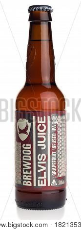 GRONINGEN, NETHERLANDS - APRIL 15, 2017: Bottle of Scottish Brewdog Elvis Juice beer isolated on a white background