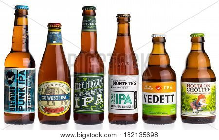 Collection of Brewdog Anchor Flying GRONINGEN, NETHERLANDS - APRIL 15, 2017: Collection of Brewdog, Anchor, Flying Dutchman, Monteiths, Vedett and La Chouffe Indian Pale Ale beers isolated on a white backgroundMonteiths Vedett and La Chouffe Indian Pale A