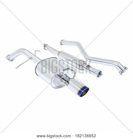 Stainless Steel Racing Exhaust System With Burnt Roll Tip Isolated On White Background. Axle Back Sy