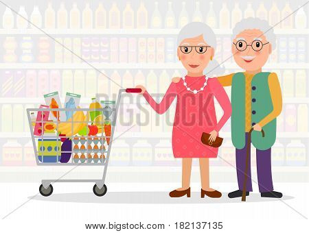 Old people shopping. Retired couple with shopping cart with food in the supermarket. EPS10 vector illustration in flat style.