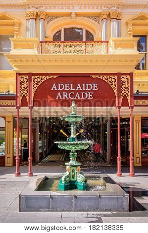 Adelaide Australia - October 25 2016: Famous Adelaide Arcade building with fountain at the front at Rundle Mall on a day