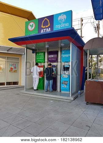 BANGKOK THAILAND - MARCH 31 : ATM of three banks in the public area on March 31 2017 in Bangkok Thailand.