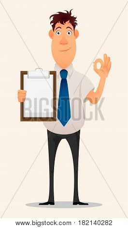 Business man cartoon character. Smiling businessman in office shirt and trousers holding blank clipboard and showing OK gesture - stock vector