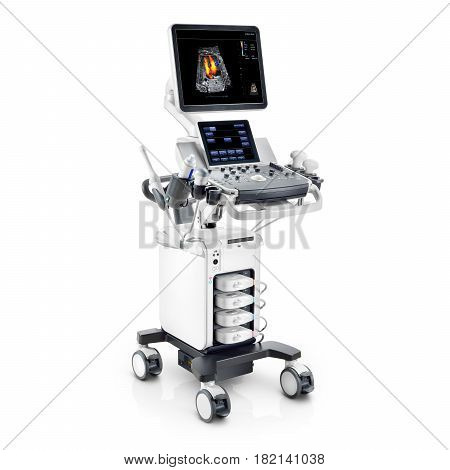 Portable Ultrasound Machine Isolated On White Background. Medical Diagnostic Equipment. Clipping Pat