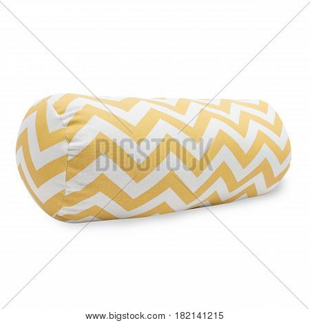 Yellow Chevron Bolster Pillow Isolated on White Background. Clipping Path