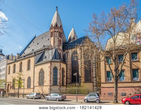 FRANKFURT AM MAIN ,GERMANY - MARCH 30,2017 - St.Leonhard church in the streets of Franfurt am Main. Frankfurt is the major financial centre of the European continent.