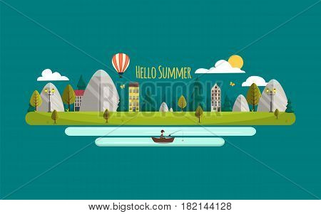 Summer landscape. Vector illustration. Hello summer. Flat style nature with mountains and houses. Airballon river and fisherman. Ecolife. Green summer nature landscape.