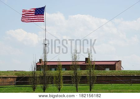 BALTIMORE, MD - APR 16: Fort McHenry National Monument and Historic Shrine in Baltimore, Maryland, on April 16, 2017. In the War of 1812, it defended Baltimore Harbor from an attack by the British.