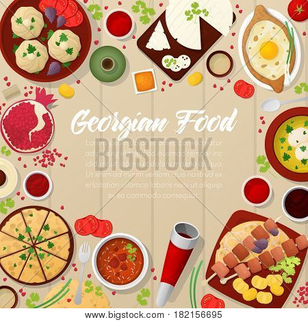 Georgian Cuisine Traditional Food with Khachapuri. Vector illustration