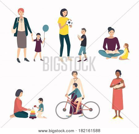 Mothers with children, baby. Set with various characters in games, walk, training. Colorful flat illustrations
