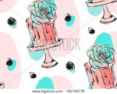 Hand drawn vector cute birthday or wedding seamless pattern with cake illustration with ink dots and succulent flowers decoration on cake stand isolated.Design for weddingbirthdaysave the date card.