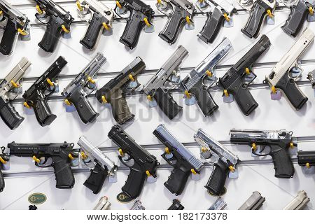 ISTANBUL, TURKEY - 1 APRIL 2017: Showcase of a gun shop in Istanbul at a weapons store on the Galata Bridge.