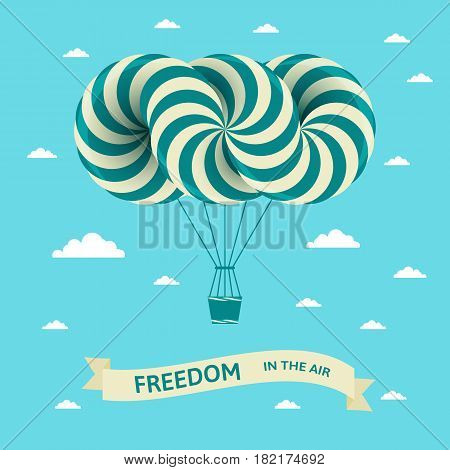 Illustration with freedom in the air inscription. Vector postcard with airship on blue sky