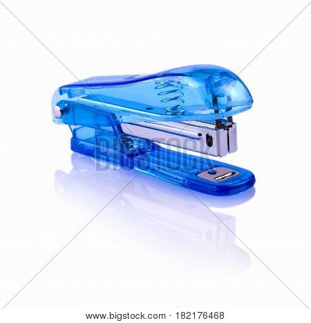 Blue glass stepler on white background .