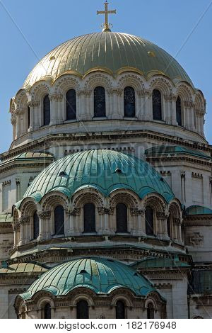 SOFIA, BULGARIA - APRIL 1, 2017: The golden domes of Cathedral Saint Alexander Nevski in Sofia, Bulgaria