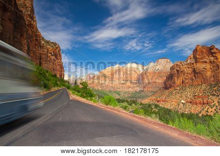 Famous Zion National Park. It is a southwest Utah nature preserve distinguished by Zion Canyons steep red cliffs