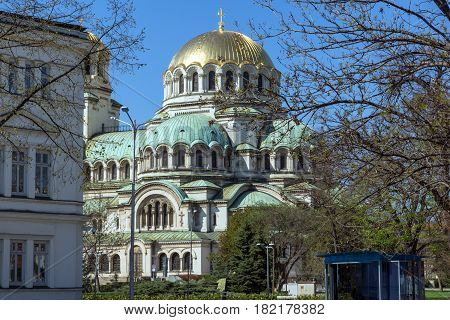 SOFIA, BULGARIA - APRIL 1, 2017: Amazing view of Cathedral Saint Alexander Nevski in Sofia, Bulgaria