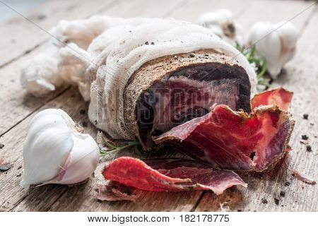 jerked beef on wooden plate