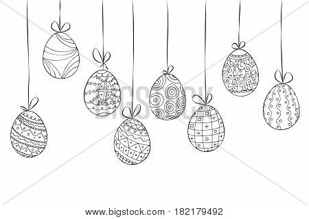 Hand drawn easter card of hanging eggs. Doodle style - vector illustration.