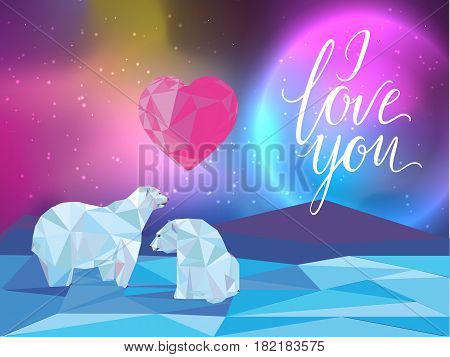 Galaxy and polar bears background for web, banners, flayers, cards. I love you lettering. Heart. Vector illustration