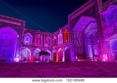 Sher-dor Madrasah At Night, Samarkand, Uzbekistan