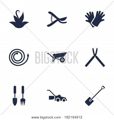 Set Of 9 Household Icons Set.Collection Of Tools, Pruner, Wheelbarrow And Other Elements.