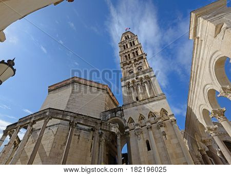Cathedral of Saint Dominus (Split Croatia) against blue sky background.