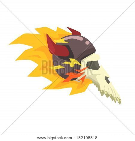 Scull In Horned Helmet On Fire, Colorful Sticker With War And Biker Culture Attributes Vector Icon. Creepy Dead Chost Rider Head Print Cool Cartoon Illustration.