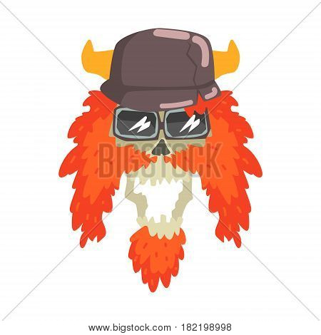 Scull In Horned Helmet With Red Beard, Colorful Sticker With War And Biker Culture Attributes Vector Icon. Creepy Dead Chost Rider Head Print Cool Cartoon Illustration.