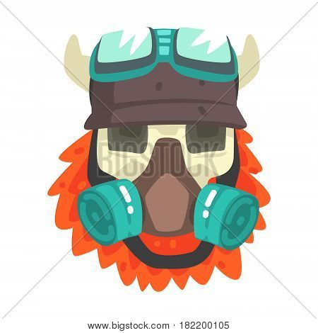 Scull In Helmet With Gas Mask, Colorful Sticker With War And Biker Culture Attributes Vector Icon. Creepy Dead Chost Rider Head Print Cool Cartoon Illustration.
