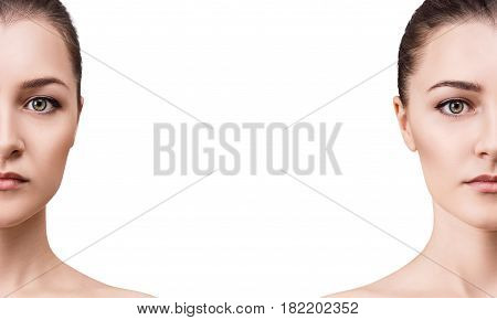 Beautiful woman with perfect skin and text space over white background.